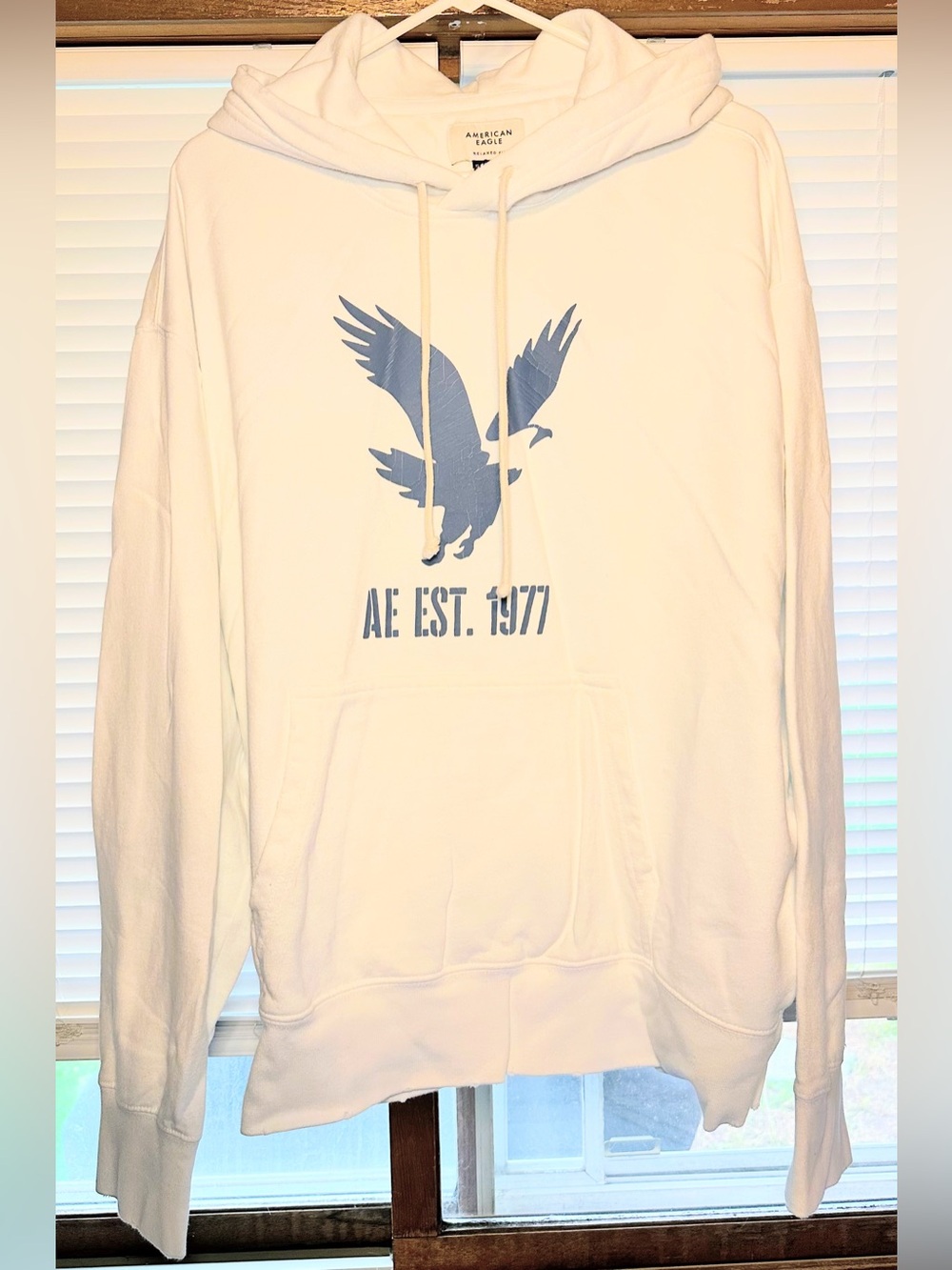 American Eagle Outfitters White Hoodie with Blue Eagle Graphic Mens XL